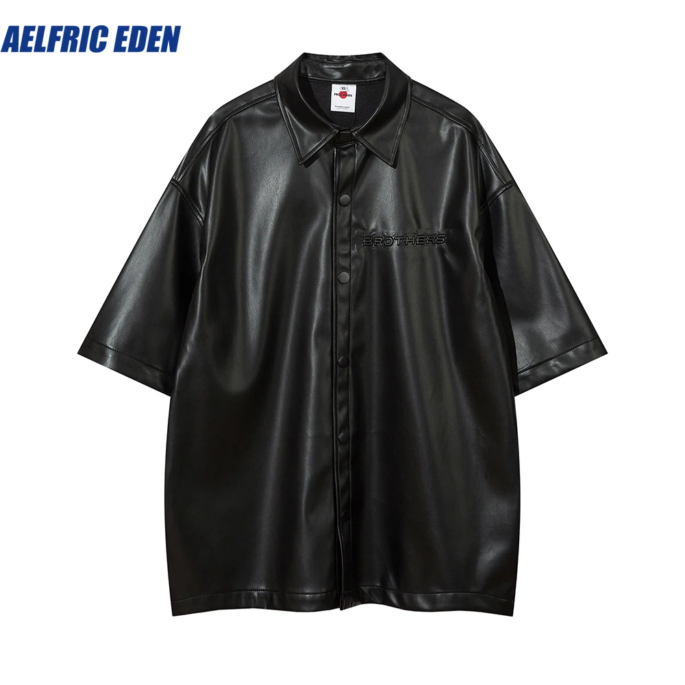 

Aelfric Eden Harajuku Pu Leather Letter Embroidery Summer Men Tshirts Short Sleeve Y2K Lapel Streetwear Oversized Casual Top Tee