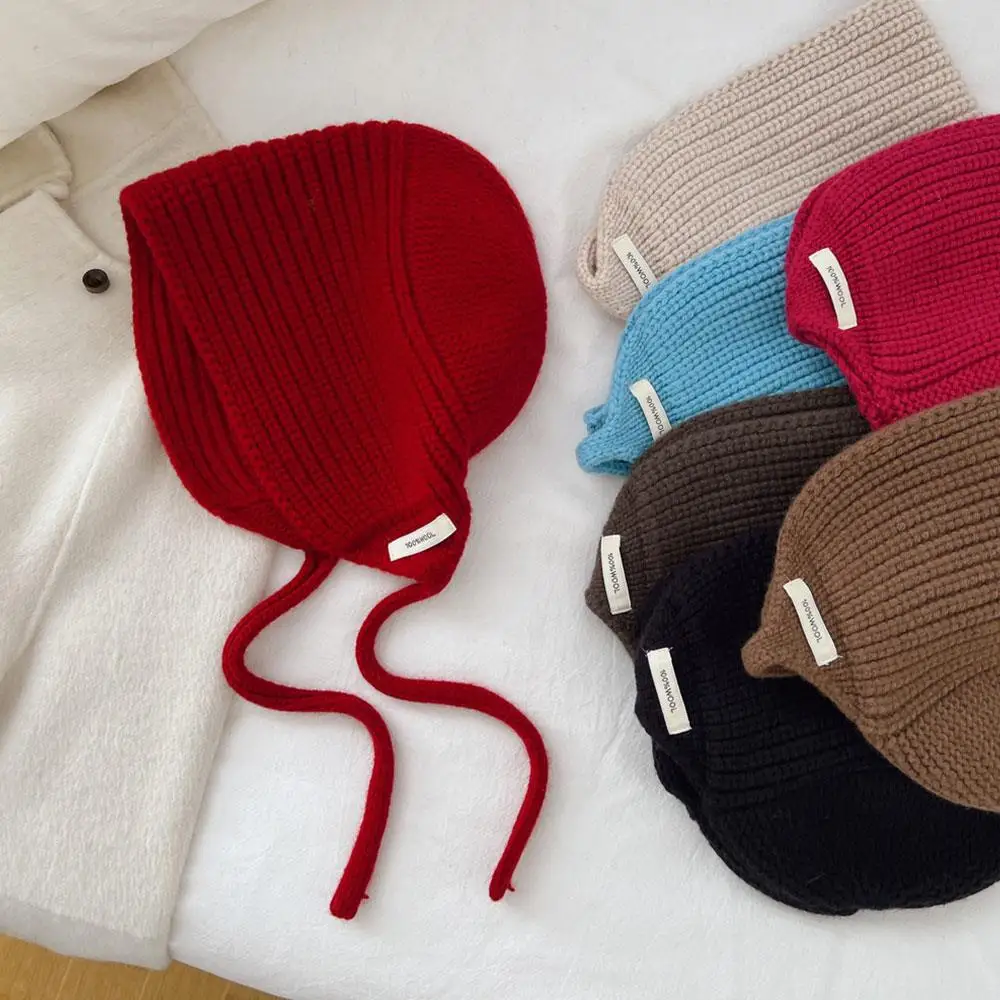 

Double Drawstring Hat Ear Protection Tie Pullover Hat Wool Knitting Hat Unisex Knitted Hooded Cap Windproof Warm Beanies Cap