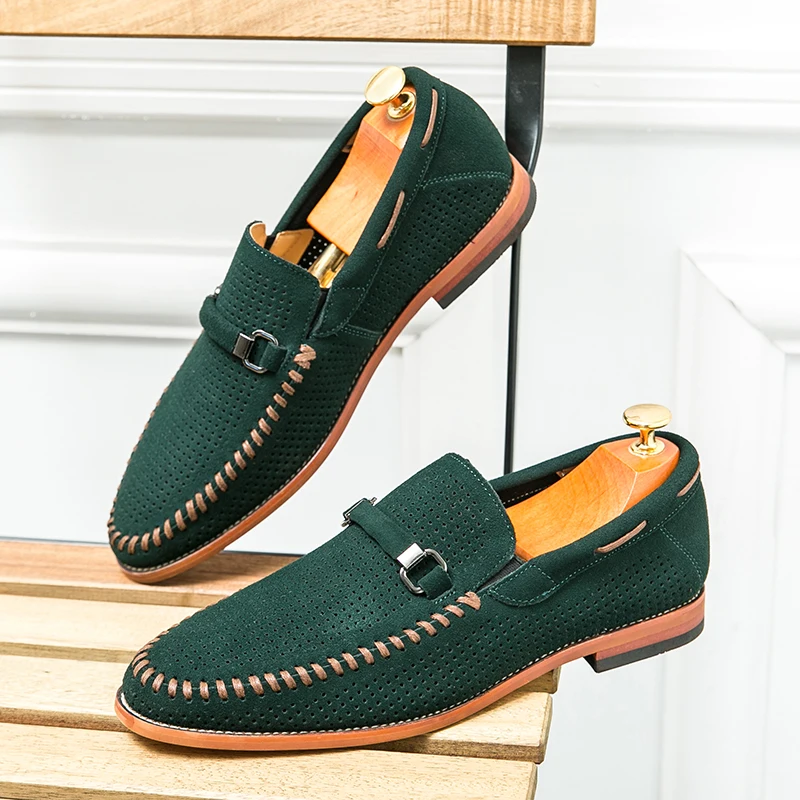 Cow Suede Loafers for Men Green Round Toe Slip-On Hand Sewn Wooden Root Base Black Brown Size 39-47