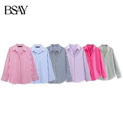 BSAY Women Fashion New Stripe Basic Poplin Long Sleeve Single-breasted Lapel Blouse Street Clothing Shirt Chic Ladies Top