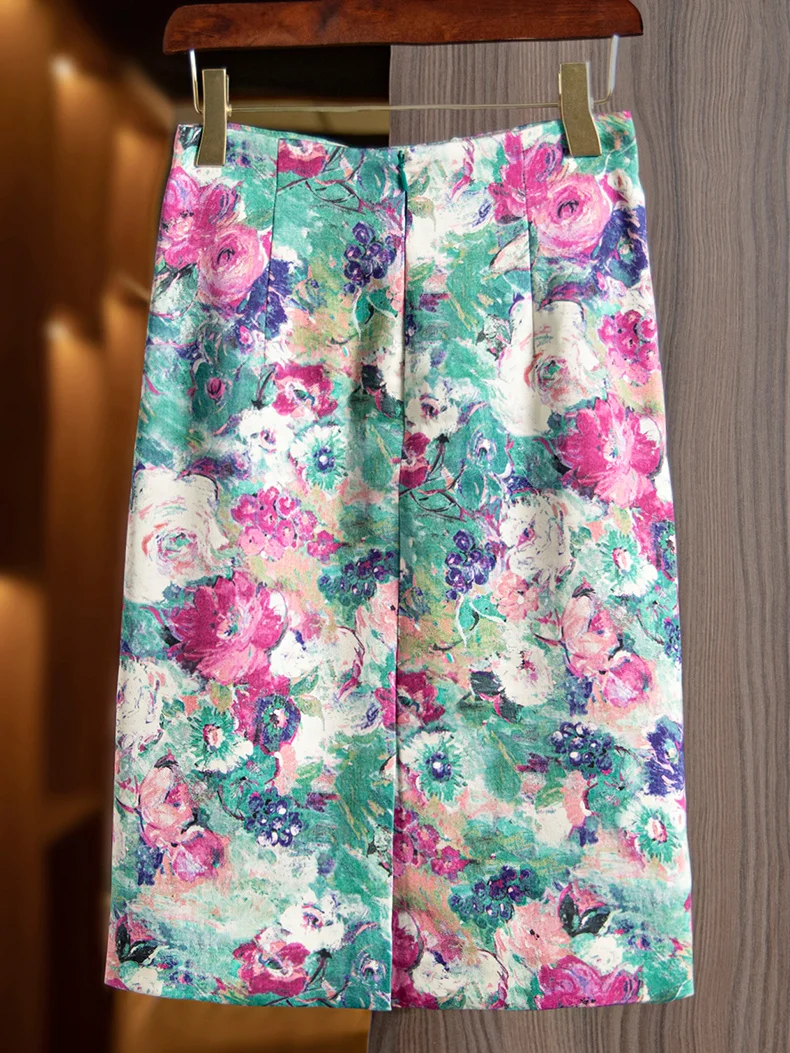 Retro Elegant Silk Satin Half Skirt, Spring/Summer 2025 New Peony Flower Printed Loose Medium length Skirt for Women