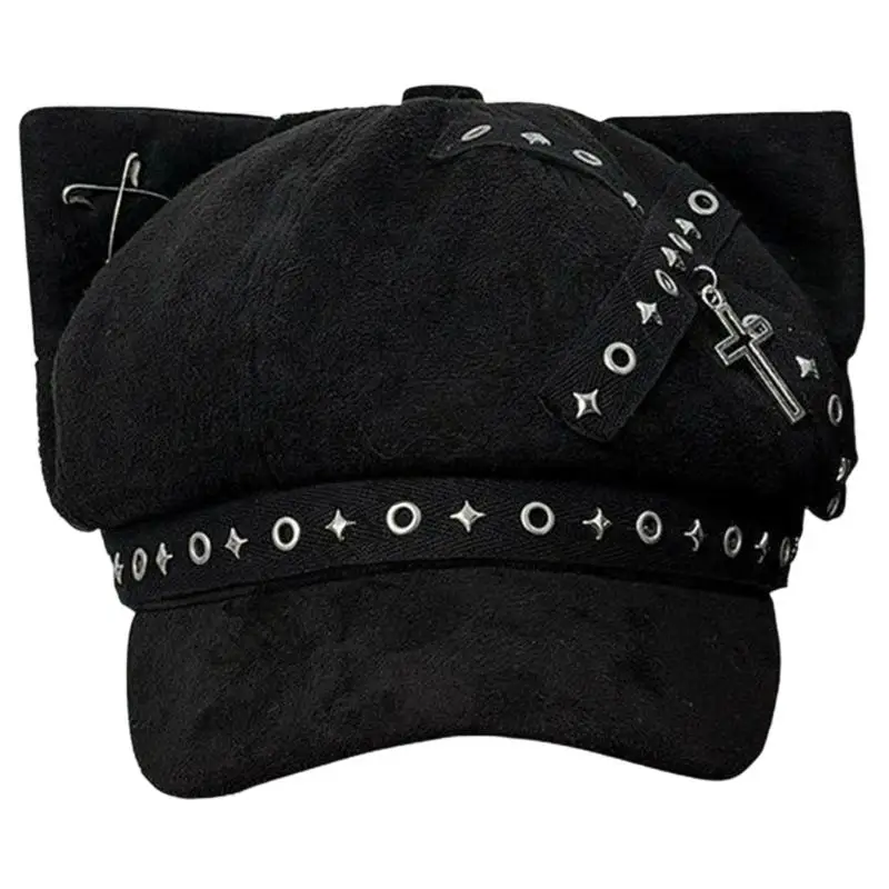 

M68A Gothic Dark Kitten Ear Painter Hat for Unisex Cabbie Hat for Outdoor Leisure Dark Hat Photo Props