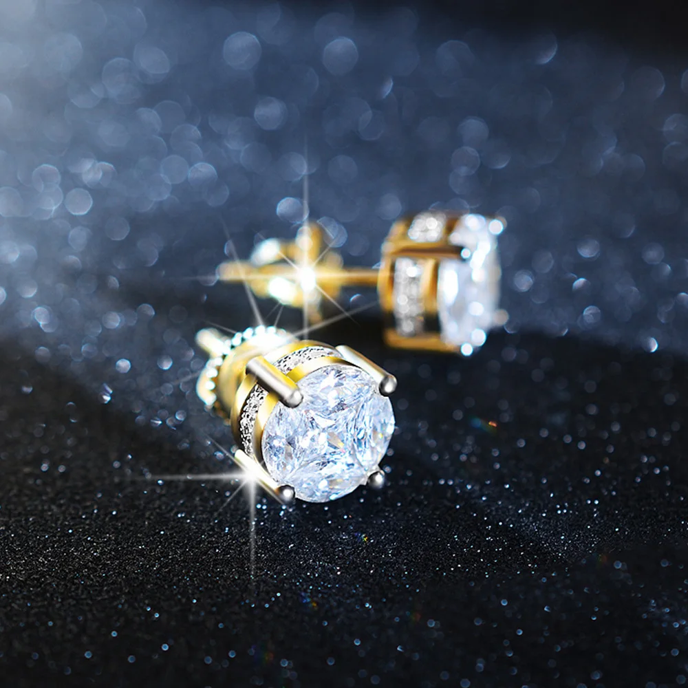 Hiphop Rock Stud Earrings For Women Classic Gold Color Jewelry Crystal Iced Out CZ Piercing Cartilage Ear Accessories Wholesale