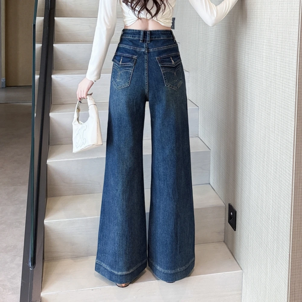 Real Shot Autumn American‑Style Stretchy Versatile Denim Straight‑Leg Wide‑Leg Pants For Petite Women - view 2