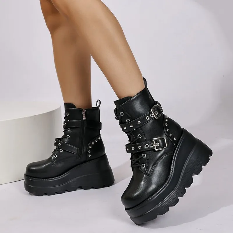 Women Leather Ankle Booties Woman 2026 New Autumn Winter Round Toe Lace Up Shoes Woman Motorcycle Platform Gothic Boots Cosplay view 2