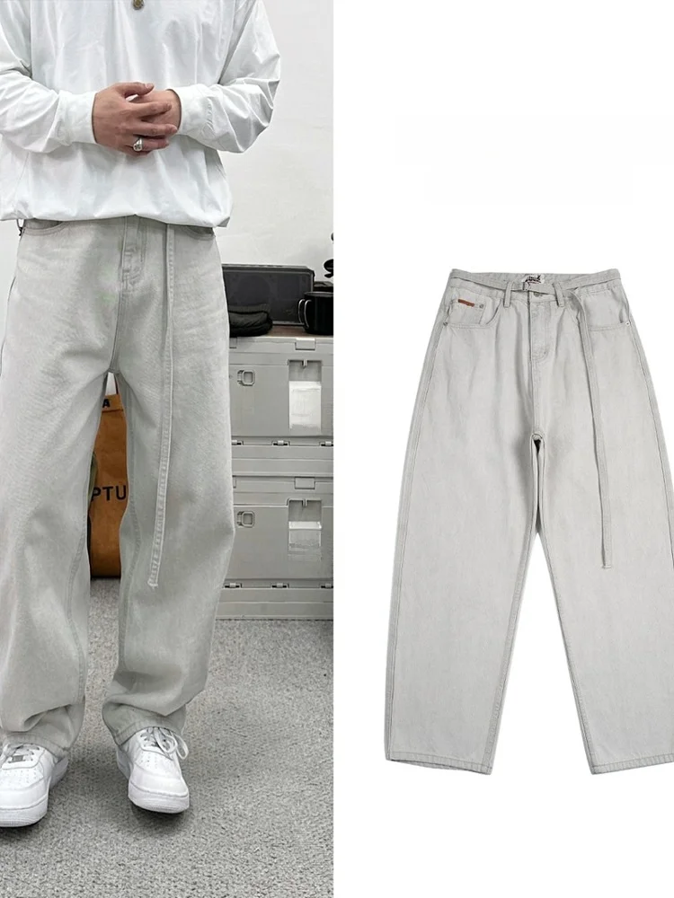 

Heavyweight Waed Color Men's Jeans Versatile Straight Leg Loose Fit Long Trousers with Belt Casual Pants for Youth