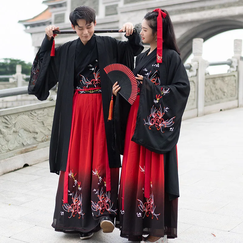 

2Pcs Chinese Traditional Clothing Hanfu Dress Unisex Ancient Costume Suit Women Men Couple Outfit Embroidered Stagewear 2022