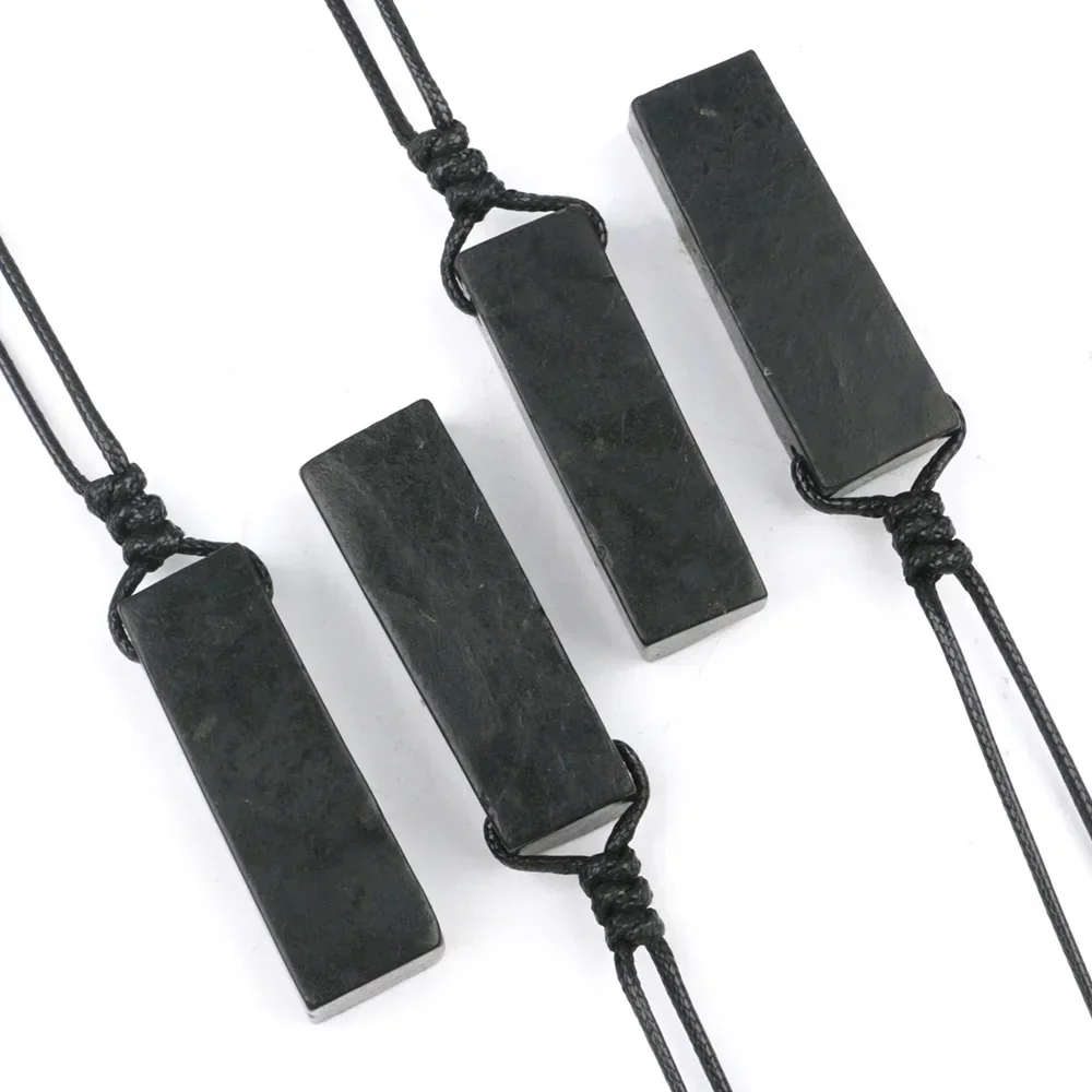 Black Shungite Necklace Long Rectangle Pendant Natural Energy Stones Gems Reiki Healing Crystal for Men Women Protection Jewelry