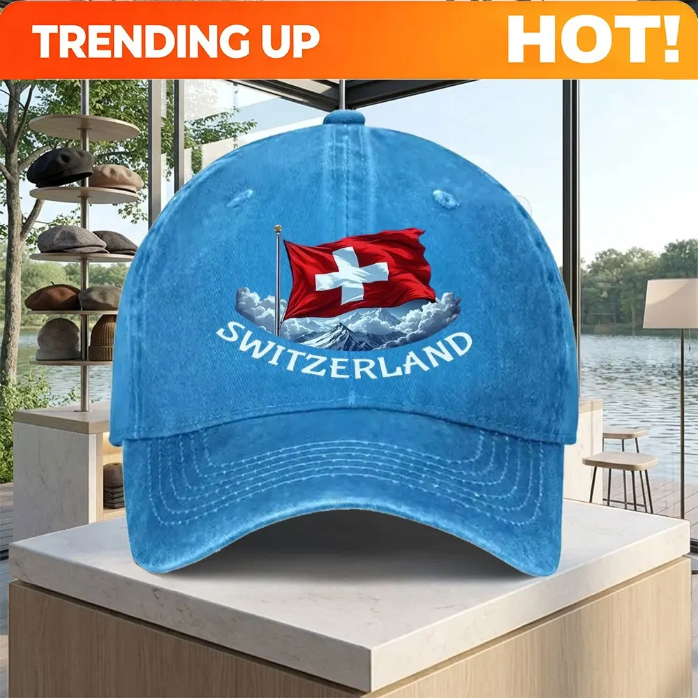 Unisex Red Cross Flag Baseball Cap with Swiss Alps Design, Perfect for Sun Protection During Golf, Driving, Running, Fishing