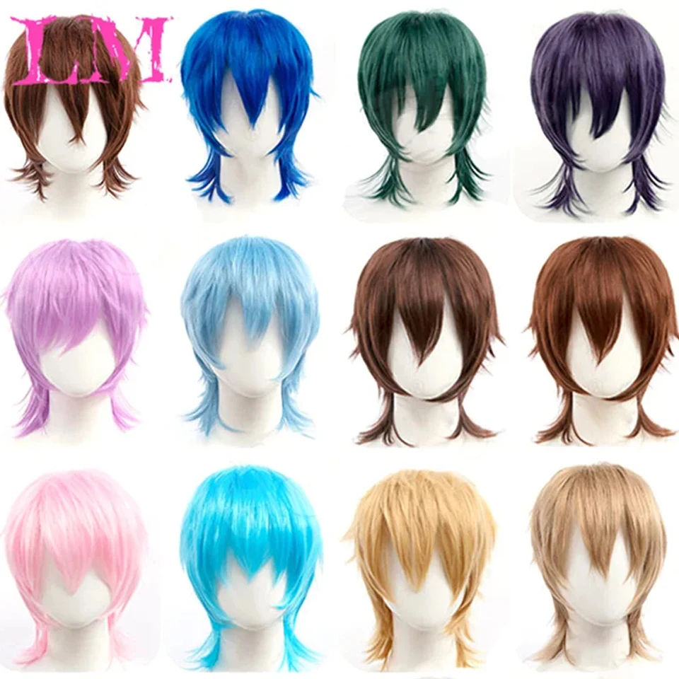 LM Synthetic Short Wigs Wolf Cut with Bangs Choppy Cosplay Party Wig for Men Women Pink Red Blue Purple Korean Style Man Wig