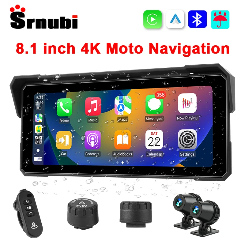 

Universal 8.1 inch Motorcycle GPS Navigation 4K DVR IP67 Waterproof Wireless Carplay Android Auto Moto Recorder TPMS Monitor