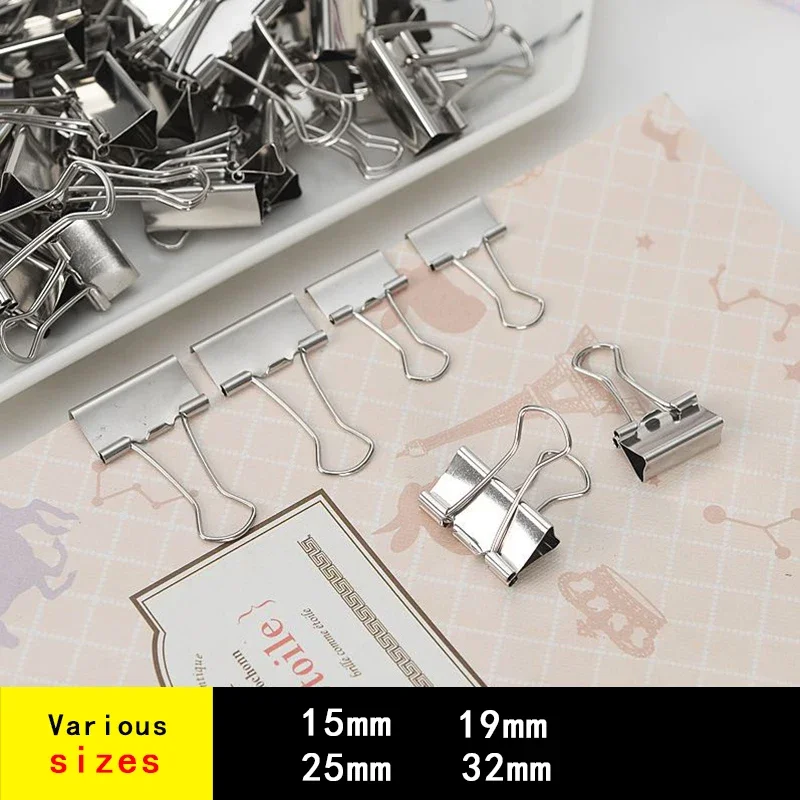 10PCS/Set Metal Paper Clip 15 19 25 32mm Foldback Metal Binder Clips Silver Grip Clamps Paper Document Office School Stationery
