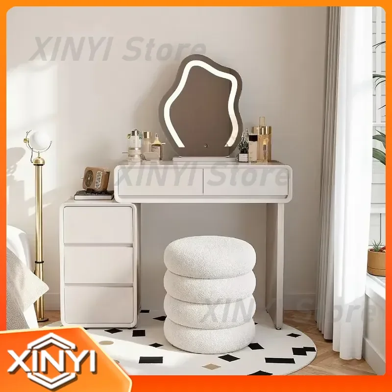 Cream Style Dressing Table for Bedroom Living Room Modern Minimalist Solid Wood Vanity Table with Storage Bucket Cabinet