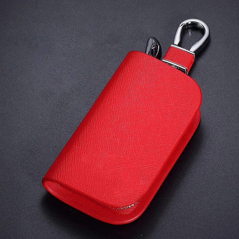 10pc Universal Car Key Case Cover Protector Genuine Leather Keychain Holder Metal Hook Key Ring Zipper Bag For Remote Key Fob