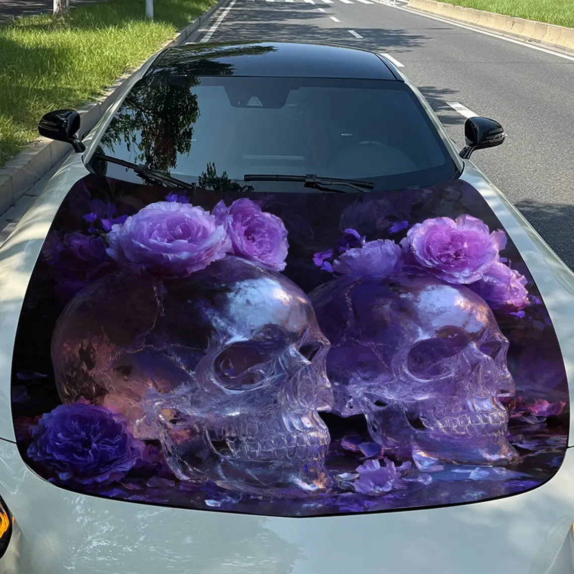 Car Decals Skulls Amid Purple Roses Design, featuring skulls surrounded by purple roses, exuding a mysterious and romantic aura