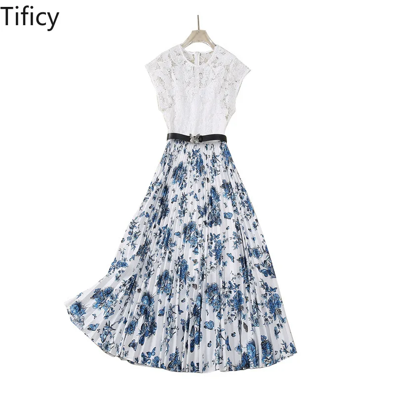 

High Quality 2024 Spring and Summer Women Round Neck Sleeveless White Water-soluble Spell Hem Printed Waist Party Long Dresses