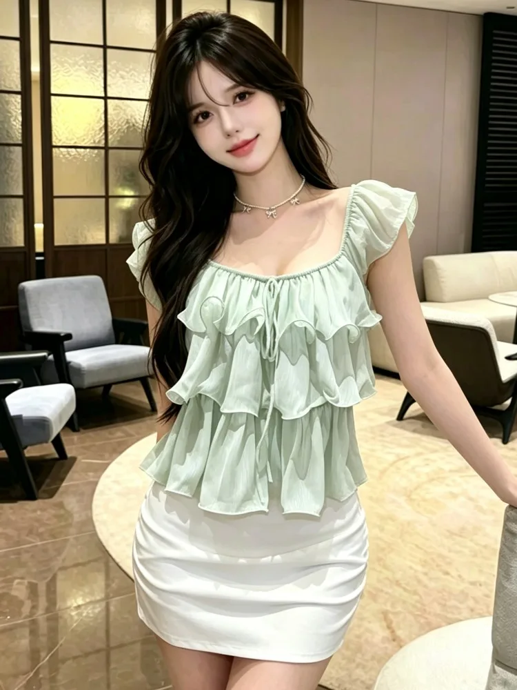 

Elegant Summer New Style Women's Short Sleeve Chiffon Top with Bow Tie Square Collar Slimming Fashionable City Walk Shirt