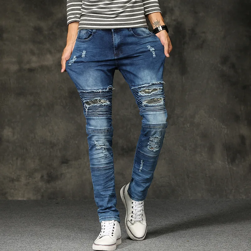 

Men Jeans Pencil Pants Denim Holes Ankle Length Pockets High Waist Skinny Moto Biker Solid Washing Spliced Zipper Fly 2024