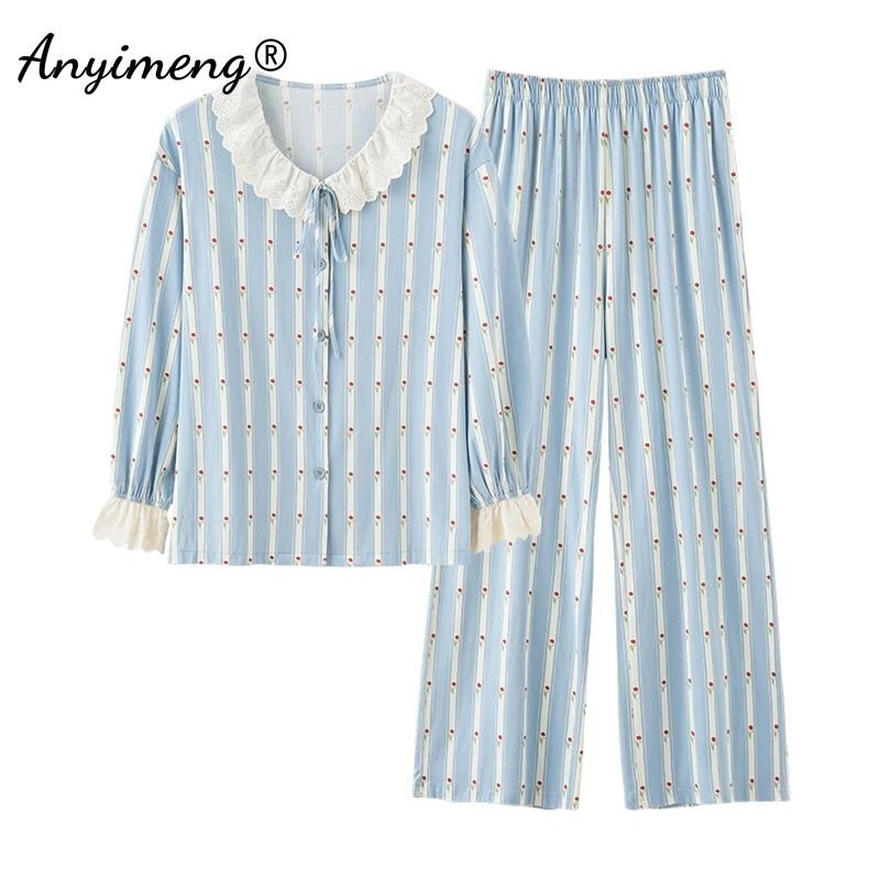 Autumn Winter Women Pajamas Princess Style Pajama Sets Lapel Soft Cotton Sleepwear Long Sleeves Nightwear Woman Loungewear