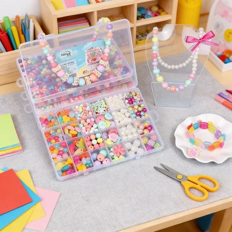 Kit de material artesanal con cuentas para niños pequeños, collar, pulsera, caja de almacenamiento hecha a mano, juguete educativo, regalo para niñas y niños