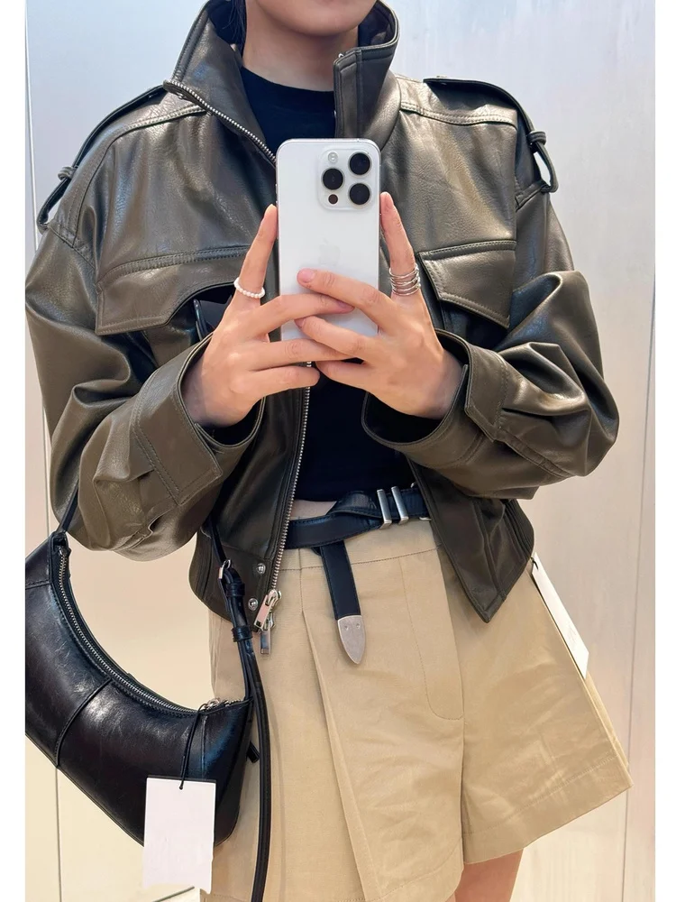 جديد 2025 الخريف المرأة دراجة نارية Jaet iny تقليد الجلود الوقوف طوق طويل Sve ort معطف بولي Material المواد السيدات الملابس