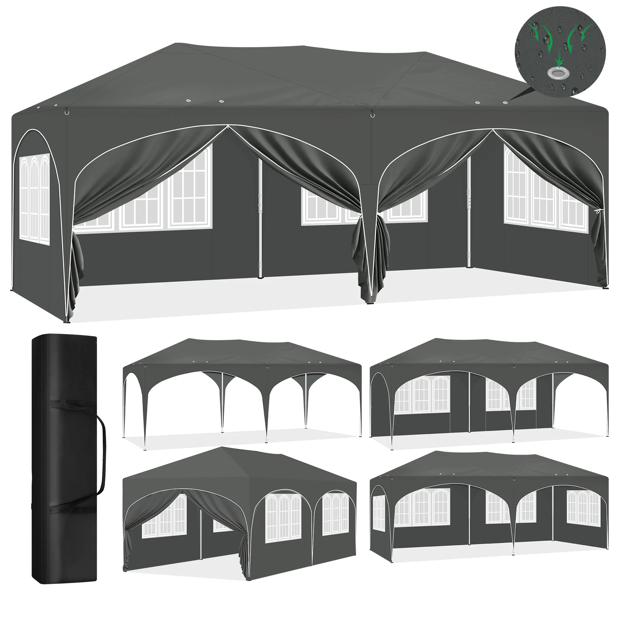 Faltbarer Pop-Up-Pavillon 3x6 m Höhenverstellbares Campingzelt Wasserdicht mit 6 Seitenwänden Garten-Überdachung Pavillon für BBQ Outdoor