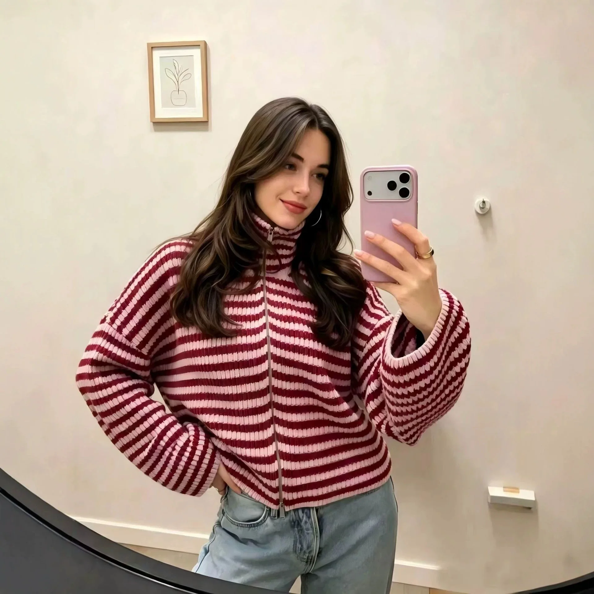 Loose Striped Women's Knit Cardigan Double Zipper Long Sleeve Stand Collar Female Sweater 2025 Autumn Winter Lady Lazy Knitwear