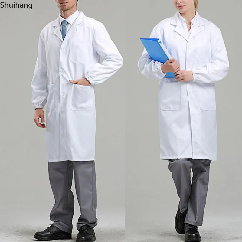 Bata de laboratorio blanca de manga larga Unisex, cuello de solapa con muescas, botón hacia abajo, uniforme de médico y enfermera, blusa