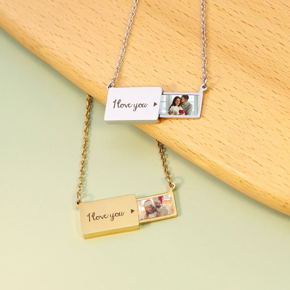 LeeChee Envelope Custom Photo Personalized Pendant Necklace With I Love You Statements Words Stainless Steel Anniversary Gift