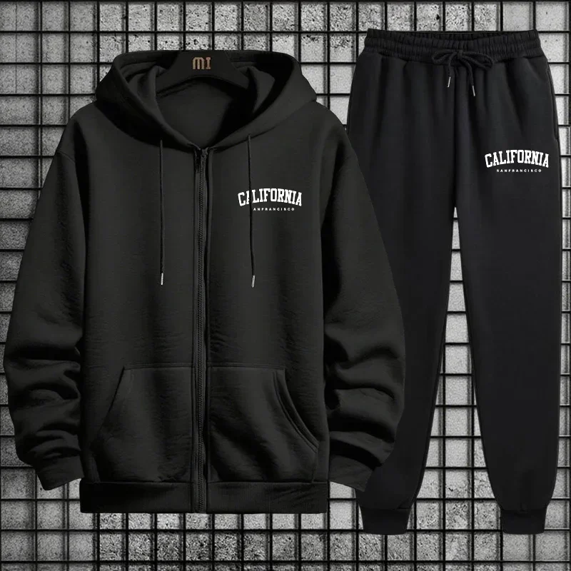 الخريف الشتاء ملابس رياضية كاليفورنيا رجل رياضي طقم رياضي 2025 جديد 2 قطعة قلنسوة بسحاب Sweatpants الحضرية الشارع الشهير الزي #2