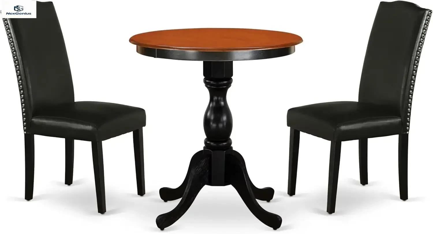 Round Dining Table Pedestal And Two Black Faux Leather Parson Chairs 3 Piece Kitchen Dining Set 30x30 Inch Cherry Black
