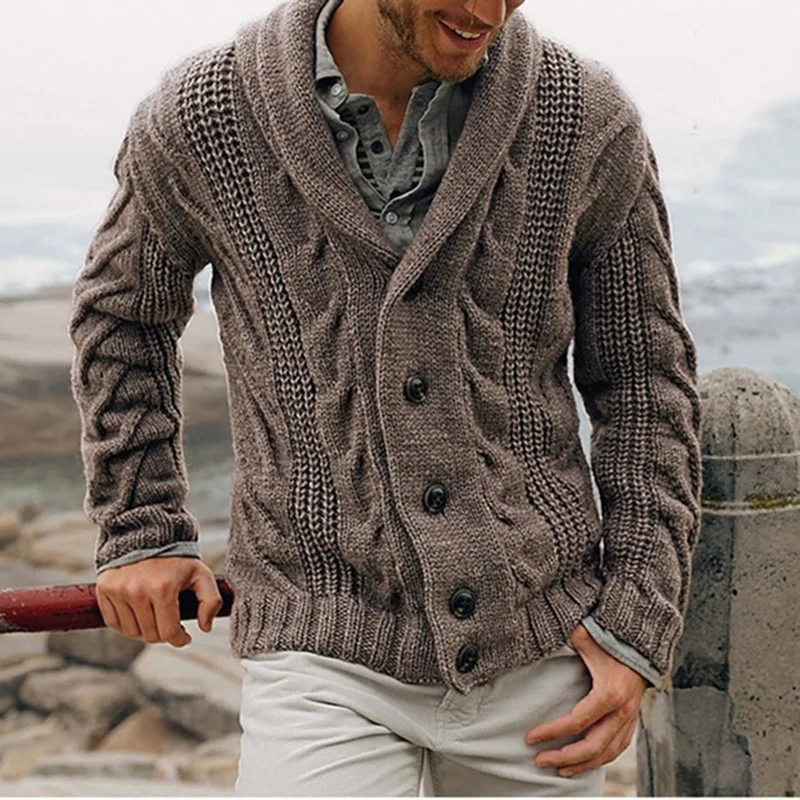 2022 Men\'s Winter Cardigan Sweater solid color Shawl Collar Cardigan Sweater Button Down Cable Knitted Sweater Casual Coat