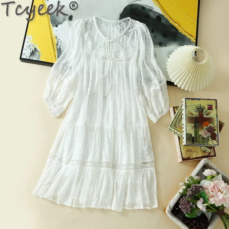 

Tcyeek 100% Real Mulberry Silk Dress Women 2024 White Dress Elegant and Pretty Women's Dressess Summer Clothes Vestido Feminino