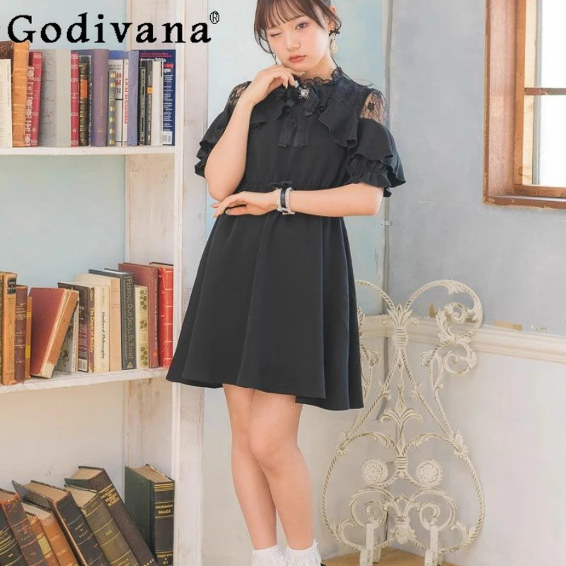 فستان نسائي بياقة الدمية على الطراز الياباني فستان Rojita Princess أسود حلو فستان نسائي صيفي قصير الأكمام بقصة ضيقة مكشكش #3