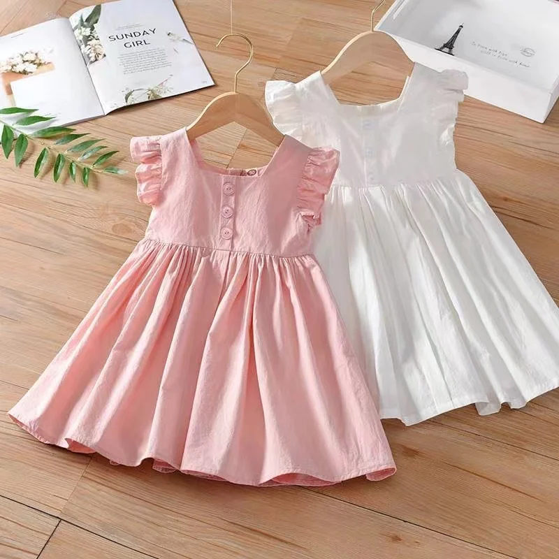 Girl's Dress 2024 Summer New Girl's Ruffle Edge Flying Sleeves Tank Top Skirt Thin Princess Dress Baby Dress Kids Clothing