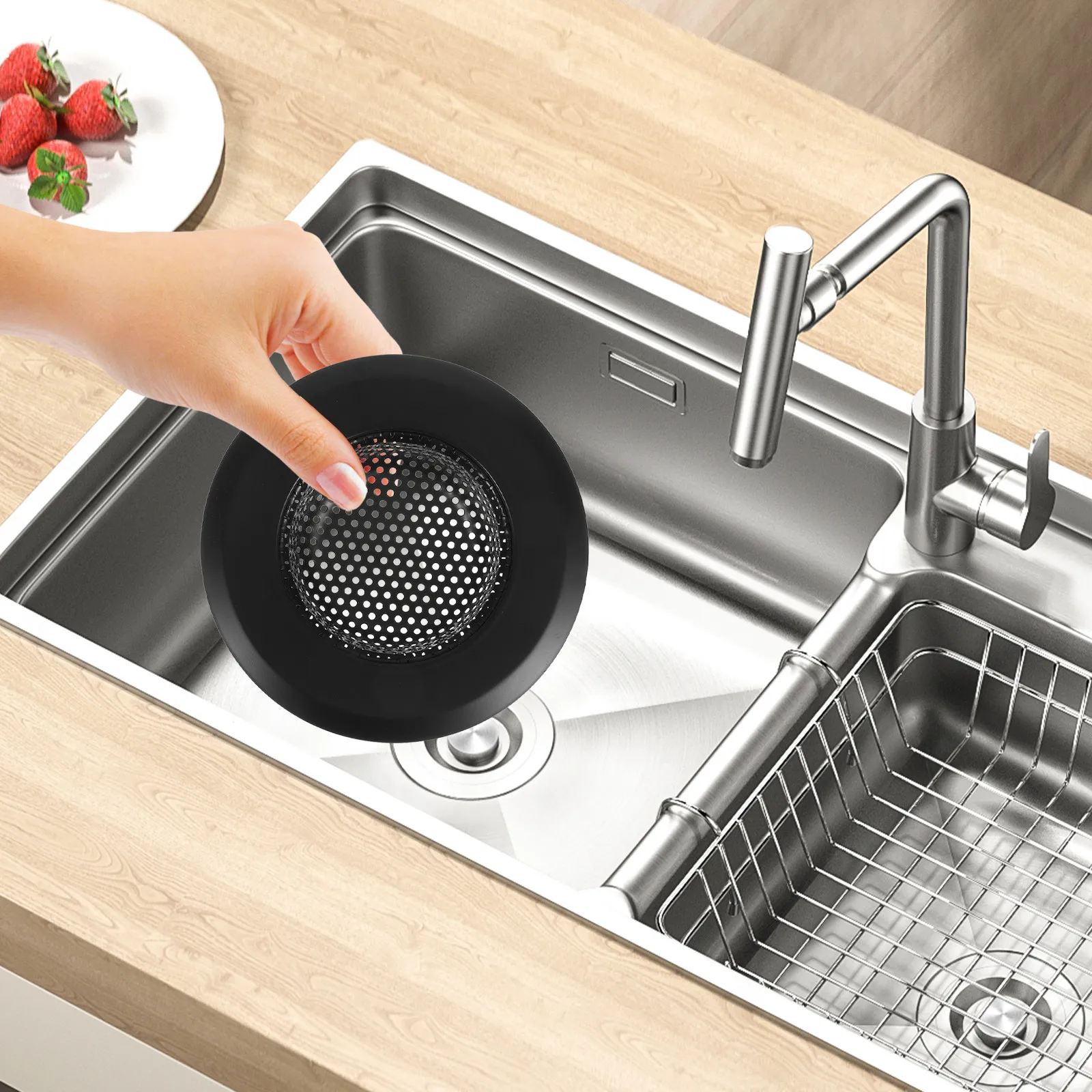 2Pcs Kitchen Sink Filter Stainless Steel Sink Straining Basket Smooth Edge Anti-Clog Hair Catcher Drain Protector