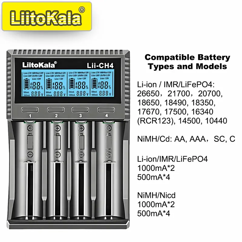 شاحن LiitoKala Lii-CH4 الذكي لـ 18650/21700/26650/AA/AAA/Ni-MH/Li-ion، 1.2V/1.5V 4 فتحات شحن سريع، USB-C، كشف تلقائي - 5