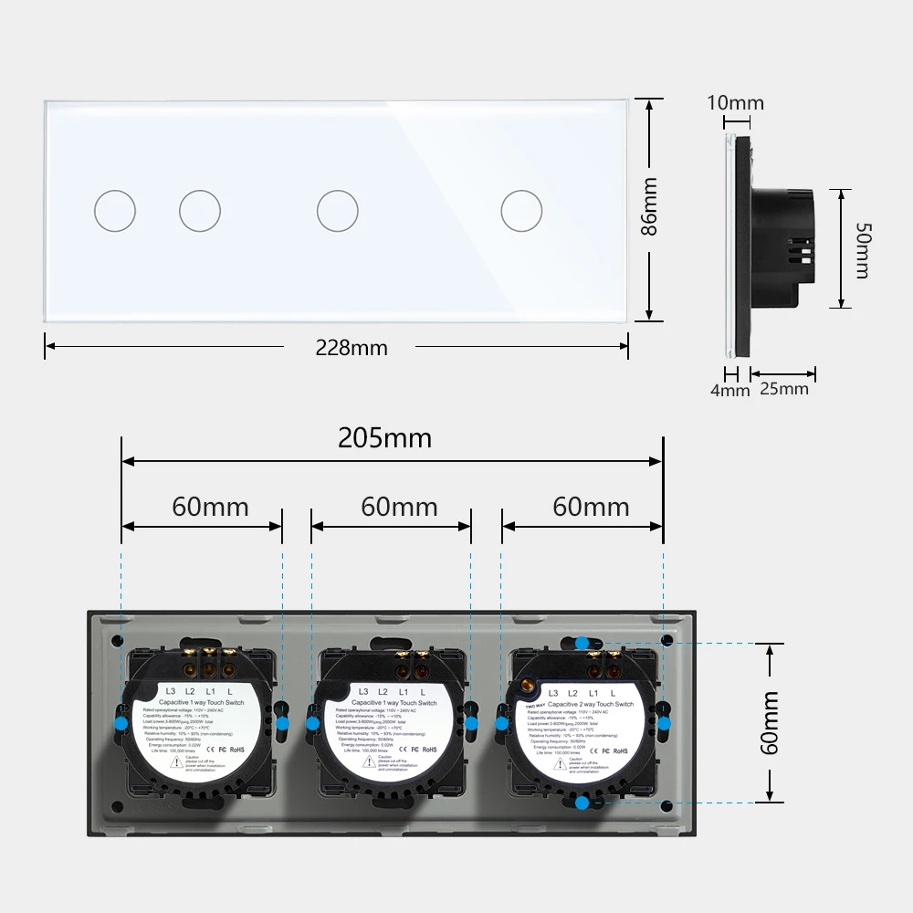 Imagem -02 - Tawoia Tripla Interruptores de Toque Parede Tela Vidro Sensor Luz Gang Gang Branco Preto Luz de Fundo da ue Casa Interruptor