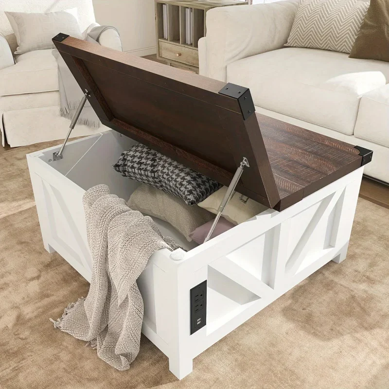 Lift Top Coffee Table with Storage, Wood Square Center Table with Charging Station & USB Ports, Living Room Central Table