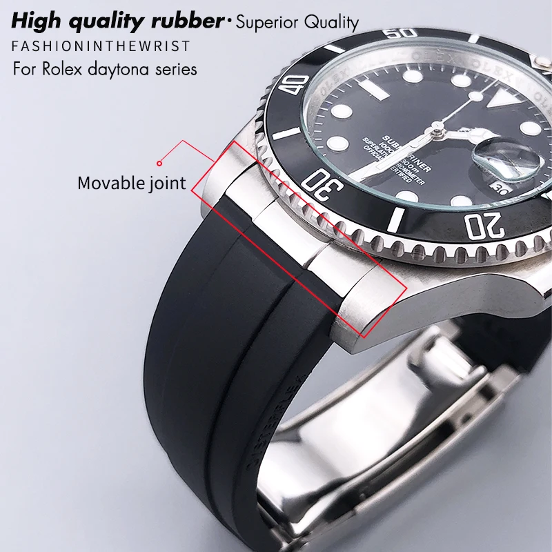 Ремешок для часов Rolex Submariner GMT Yacht Master Daytona, 19 мм, 20 мм, 21 мм, с изогнутыми концами, металлическими звеньями и резиновым/силиконовым покрытием, черный