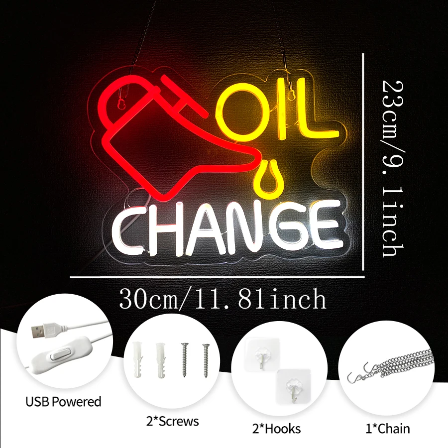 Oil Change Neon Sign Garage Car LED Signs for Wall Decor Automobile Repair Shop Man Cave Auto Room Workshop Garage USB Powered