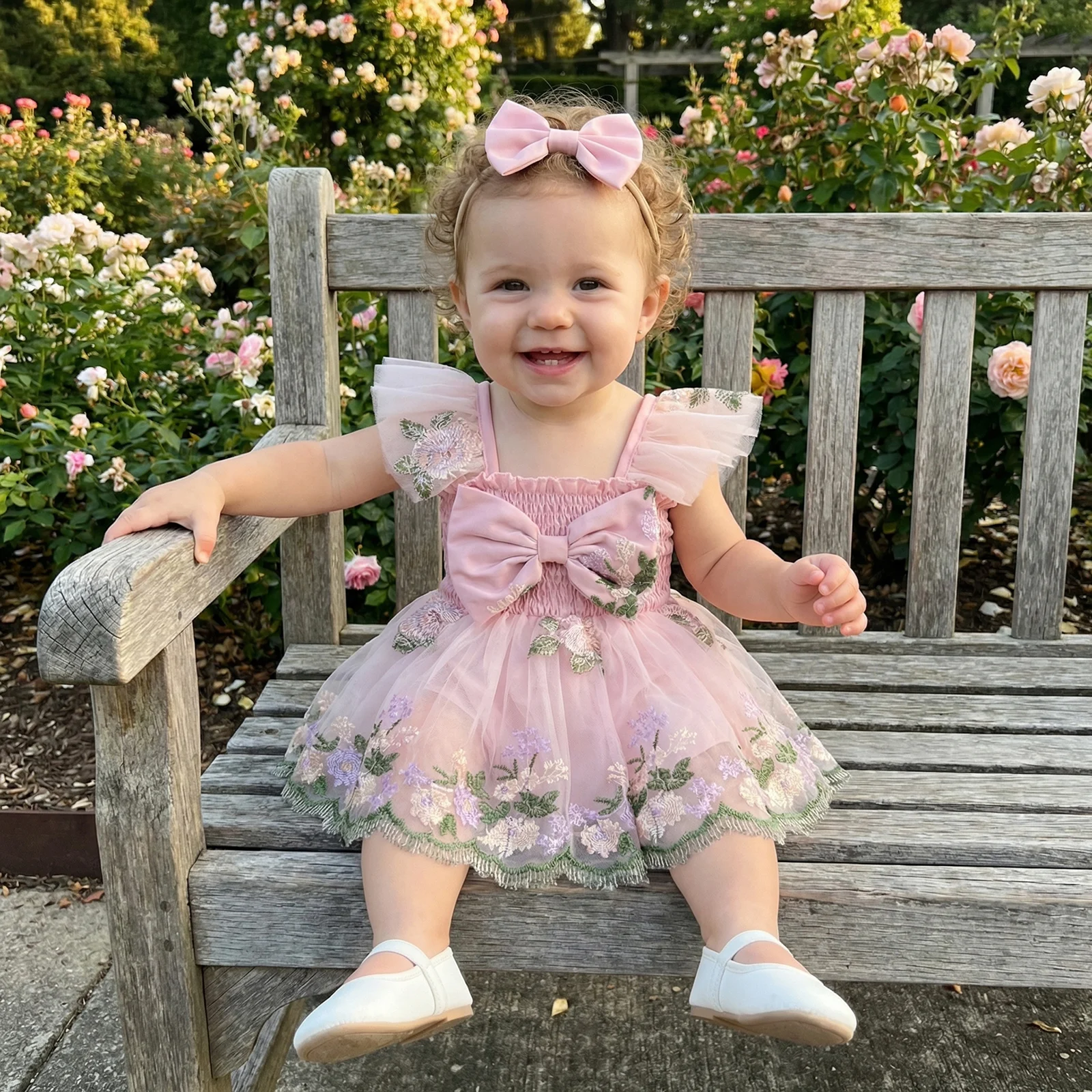 Baby Girls Mesh Romper Dress Casual Floral Embroidery Smocked Bow Flutter Sleeves Jumpsuit Bodysuits Headband Set