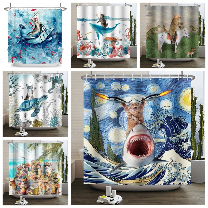 

Funny Cat Shower Curtain Cute Cool Kitty Riding Whale Cartoon Animal Ocean Wave Children Bathroom Curtain Waterproof With Hook