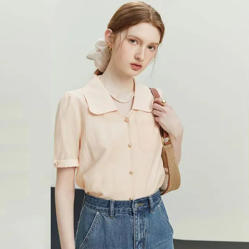 

Women's Spring Summer Short Sleeve Blouse Peter Pan Collar Button Down Chest Pocket Casual Shirt