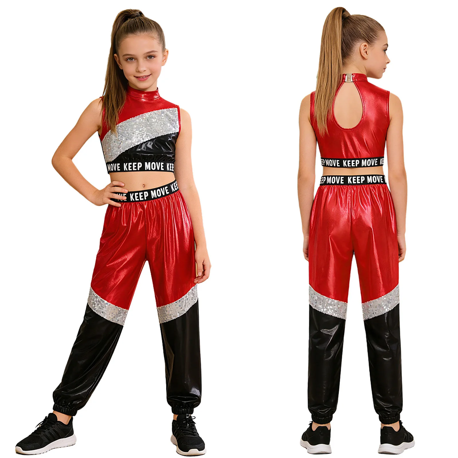 

Детский блестящий металлический костюм для танцев в стиле хип-хоп, джаз и стрит-дэнс для девочек: укороченный топ с принтом и пайетками и брюки для школьных вечеринок