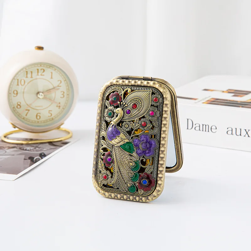 European Retro Metal Small Mirror Pocket Folding Double Sided Makeup Mirror Rectangular Mirror Dressing Gift Mirror