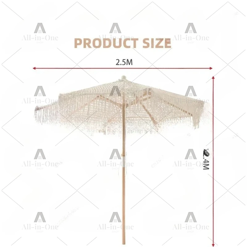 Cotton Rope Parasols 2.5M Wooden Pole Handmade Tassels Woven Canopy Beach Umbrella With Macrame Fringe