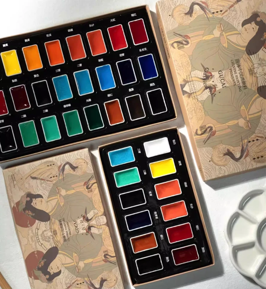 Complete Beginner Kit for Chinese Painting: 12/24 Color Solid Ink Cakes, Traditional Mineral Watercolor Set with Brush Art Tools