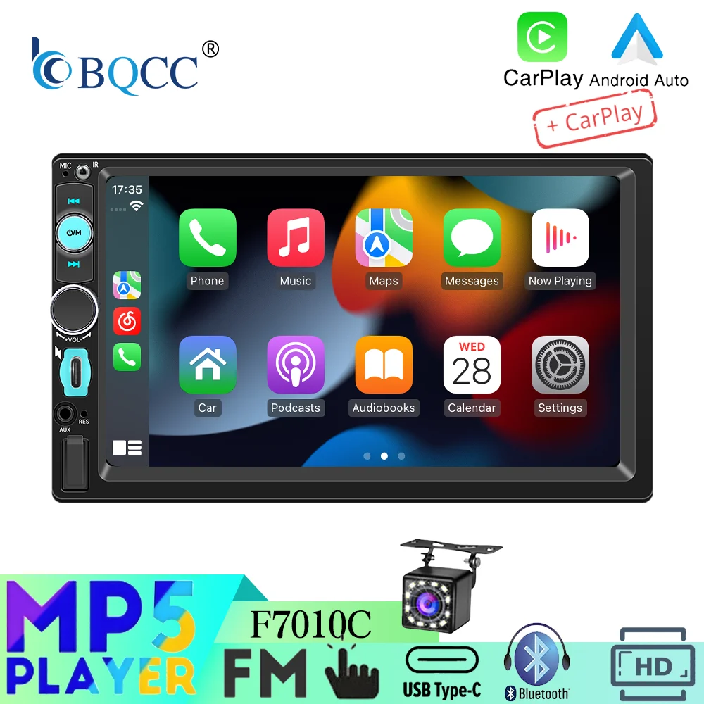 

Автомагнитола BQCC 7'' 2Din с Bluetooth, FM, 7-цветной LED-подсветкой, зарядкой Type-C, беспроводным CarPlay и Android Auto, мультимедийный аудиоплеер