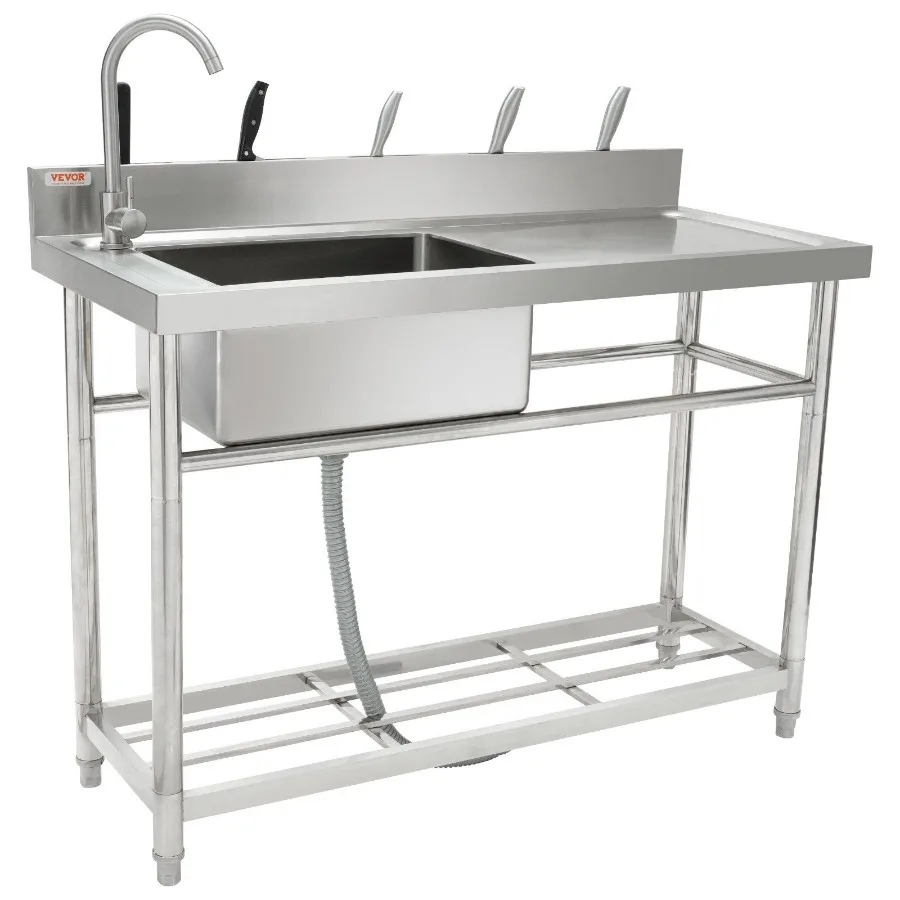 

Stainless Steel Utility Sink Free Standing Single Bowl Commercial Kitchen Sink Set w Workbench 47 x 19.7 x 37.4 in Commercial